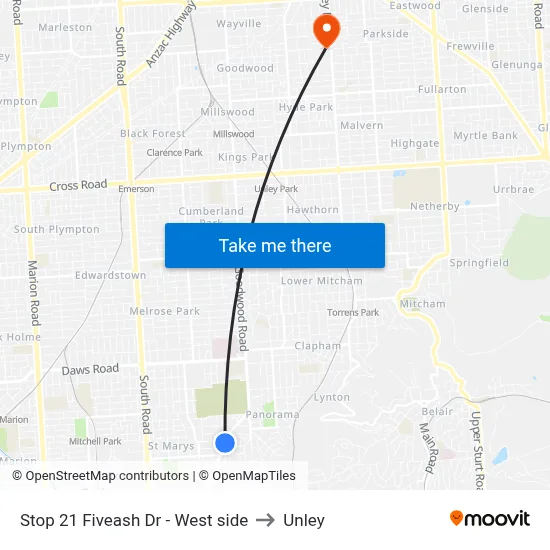 Stop 21 Fiveash Dr - West side to Unley map
