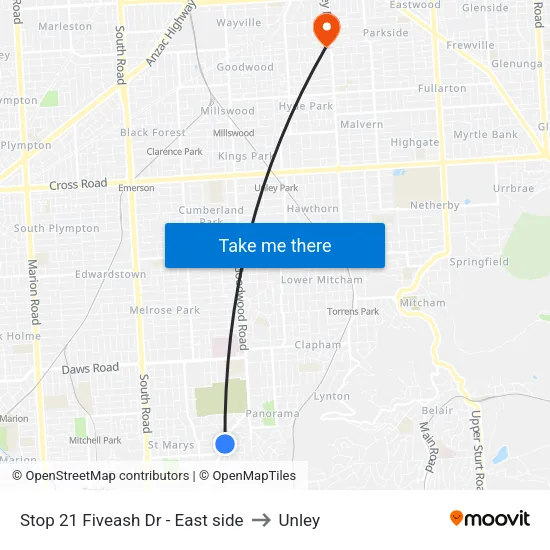 Stop 21 Fiveash Dr - East side to Unley map