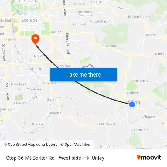 Stop 36 Mt Barker Rd - West side to Unley map