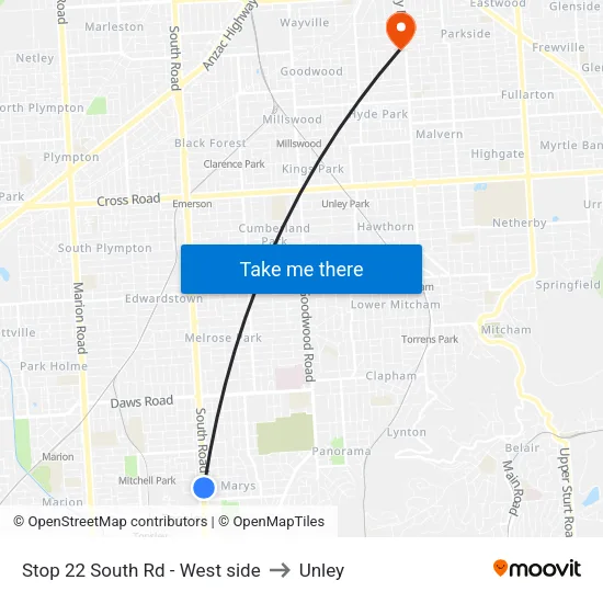 Stop 22 South Rd - West side to Unley map