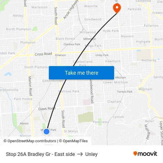 Stop 26A Bradley Gr - East side to Unley map