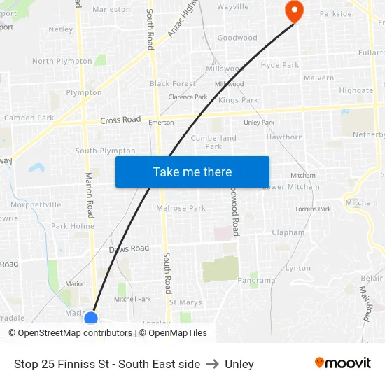 Stop 25 Finniss St - South East side to Unley map