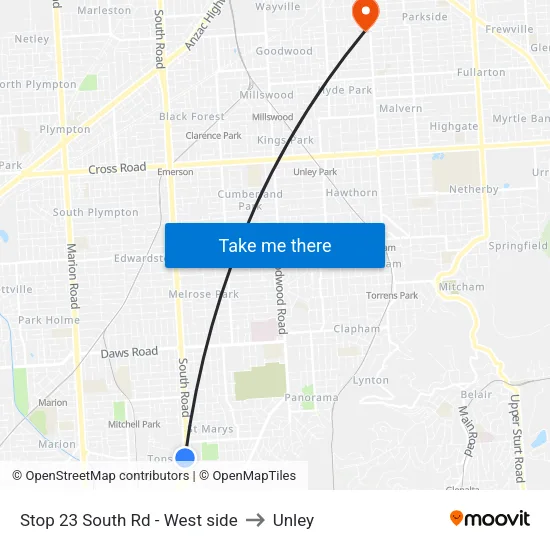 Stop 23 South Rd - West side to Unley map
