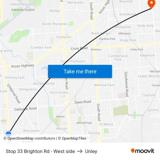 Stop 33 Brighton Rd - West side to Unley map