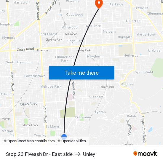 Stop 23 Fiveash Dr - East side to Unley map