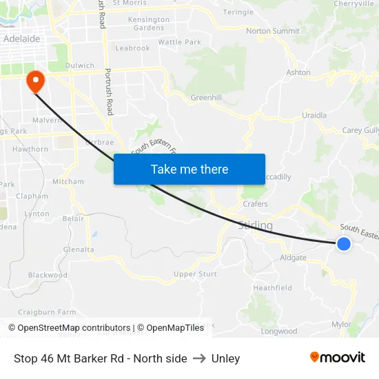 Stop 46 Mt Barker Rd - North side to Unley map