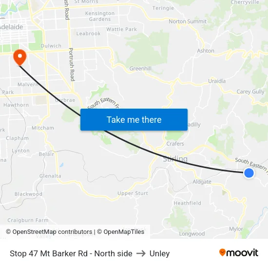 Stop 47 Mt Barker Rd - North side to Unley map