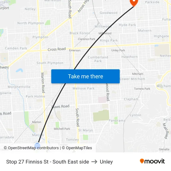 Stop 27 Finniss St - South East side to Unley map