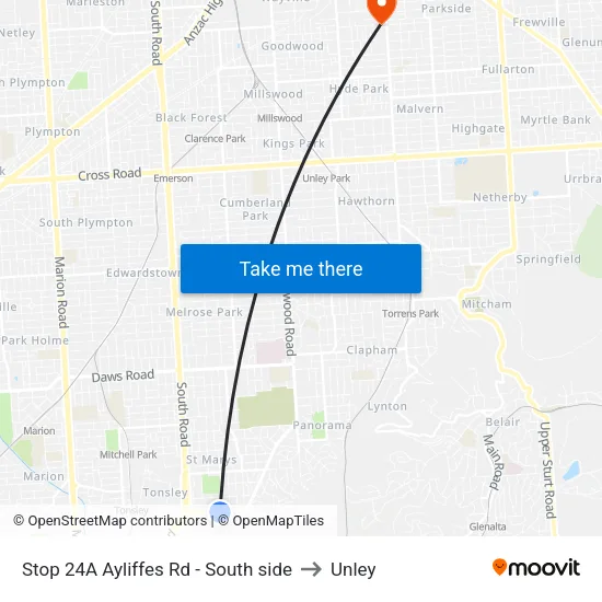 Stop 24A Ayliffes Rd - South side to Unley map