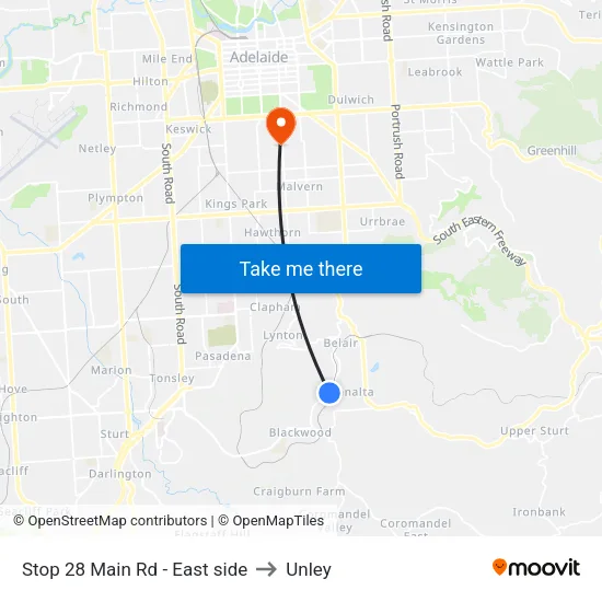 Stop 28 Main Rd - East side to Unley map