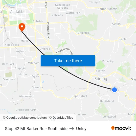 Stop 42 Mt Barker Rd - South side to Unley map