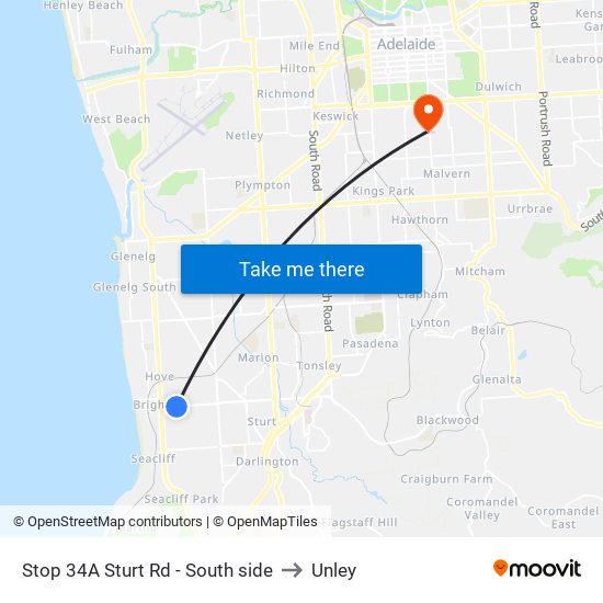 Stop 34A Sturt Rd - South side to Unley map