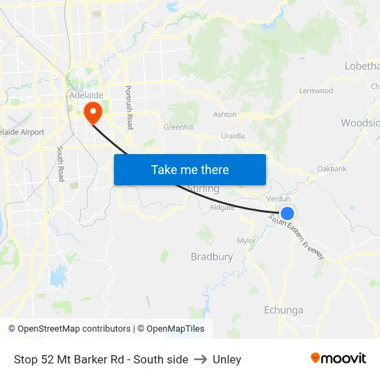 Stop 52 Mt Barker Rd - South side to Unley map