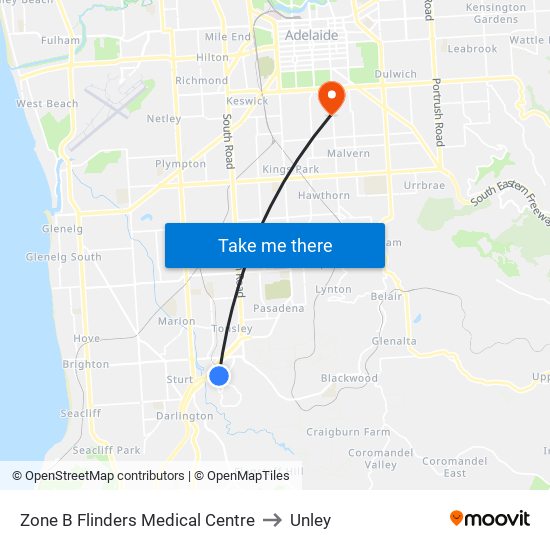 Zone B Flinders Medical Centre to Unley map