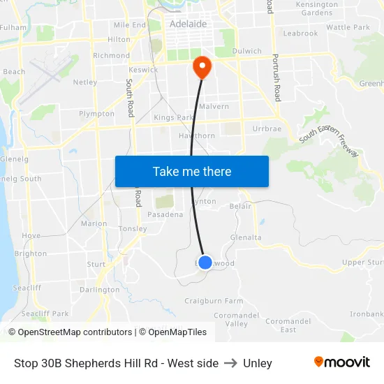 Stop 30B Shepherds Hill Rd - West side to Unley map