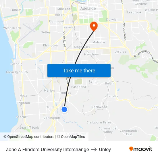 Zone A Flinders University Interchange to Unley map