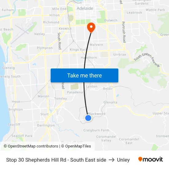 Stop 30 Shepherds Hill Rd - South East side to Unley map