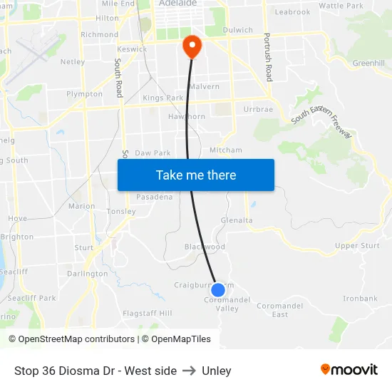 Stop 36 Diosma Dr - West side to Unley map