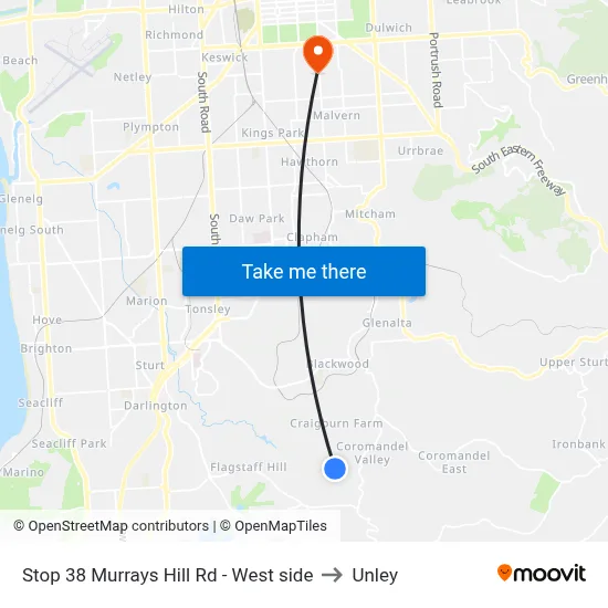 Stop 38 Murrays Hill Rd - West side to Unley map