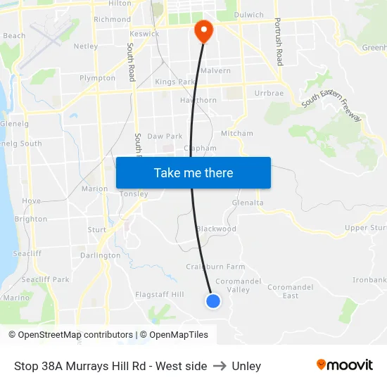 Stop 38A Murrays Hill Rd - West side to Unley map