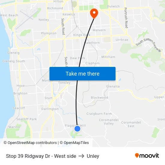 Stop 39 Ridgway Dr - West side to Unley map