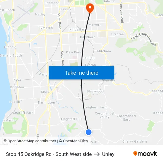 Stop 45 Oakridge Rd - South West side to Unley map