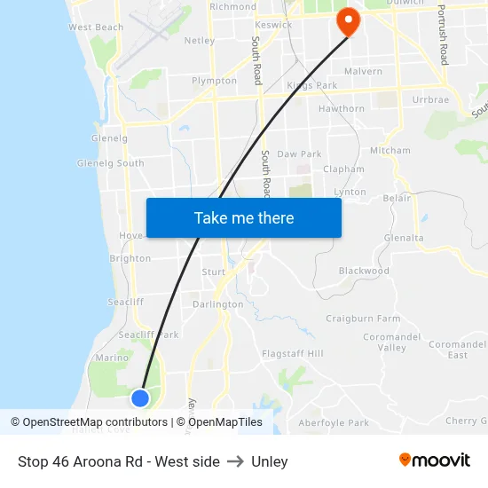 Stop 46 Aroona Rd - West side to Unley map