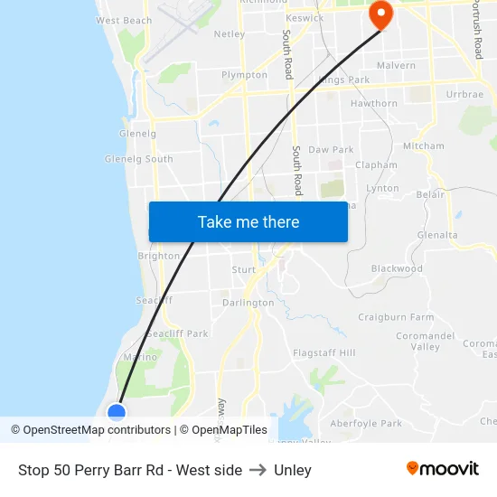 Stop 50 Perry Barr Rd - West side to Unley map
