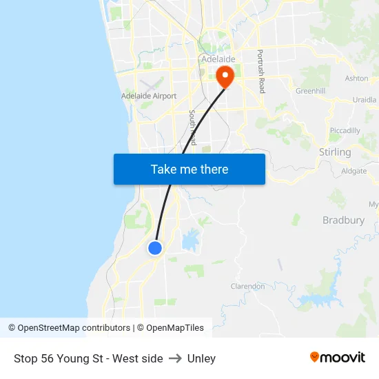 Stop 56 Young St - West side to Unley map