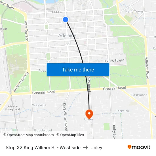 Stop X2 King William St - West side to Unley map