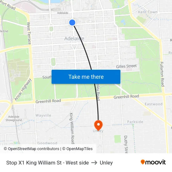 Stop X1 King William St - West side to Unley map