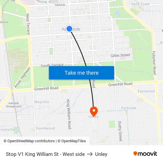 Stop V1 King William St - West side to Unley map