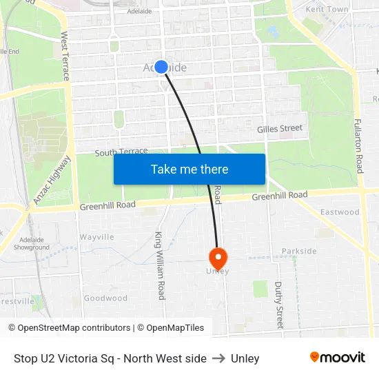 Stop U2 Victoria Sq - North West side to Unley map