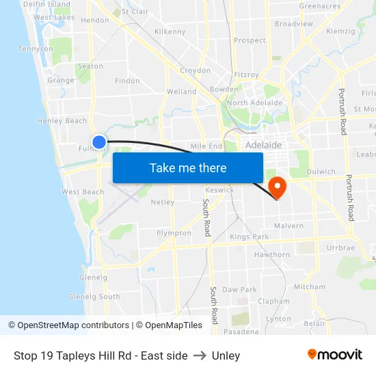 Stop 19 Tapleys Hill Rd - East side to Unley map