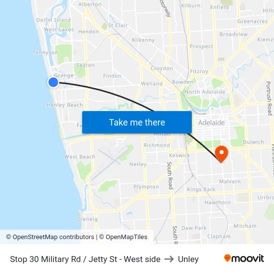 Stop 30 Military Rd / Jetty St - West side to Unley map