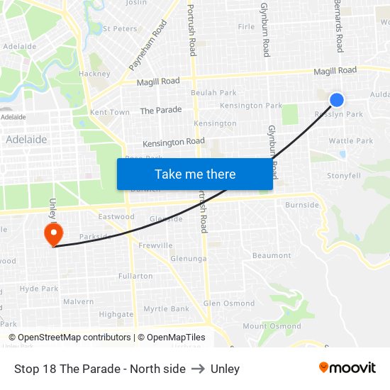 Stop 18 The Parade - North side to Unley map