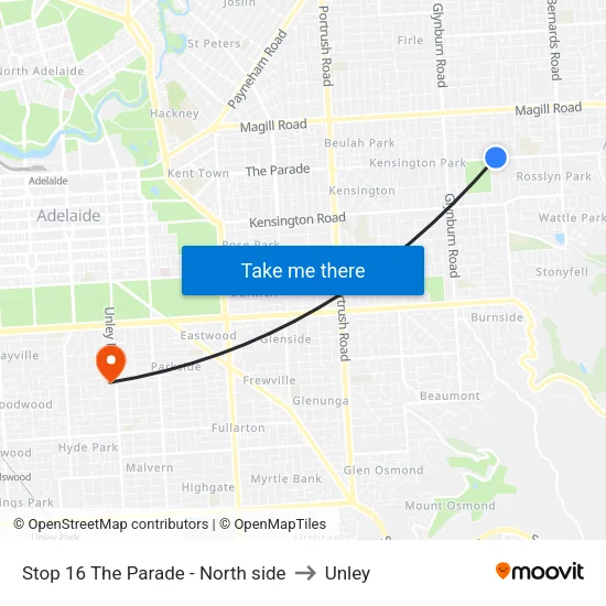 Stop 16 The Parade - North side to Unley map