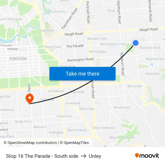 Stop 16 The Parade - South side to Unley map