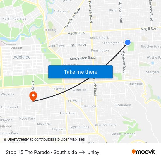 Stop 15 The Parade - South side to Unley map