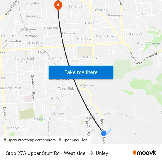 Stop 27A Upper Sturt Rd - West side to Unley map