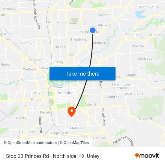 Stop 23 Princes Rd - North side to Unley map