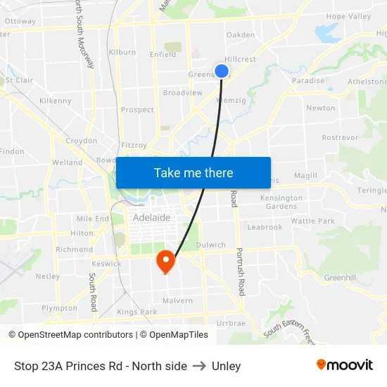 Stop 23A Princes Rd - North side to Unley map