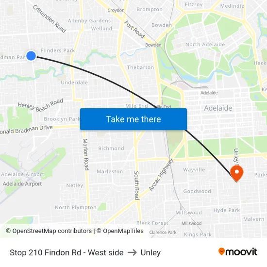 Stop 210 Findon Rd - West side to Unley map