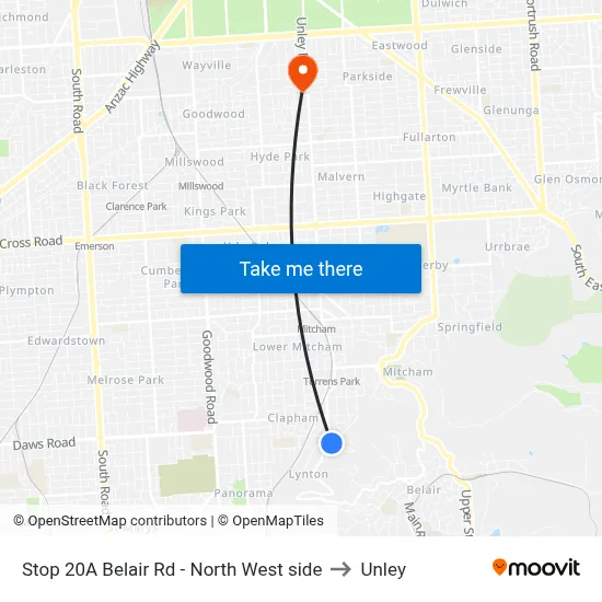 Stop 20A Belair Rd - North West side to Unley map
