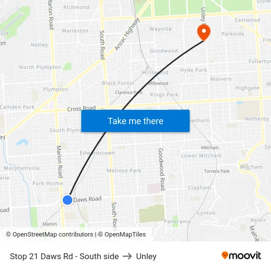 Stop 21 Daws Rd - South side to Unley map