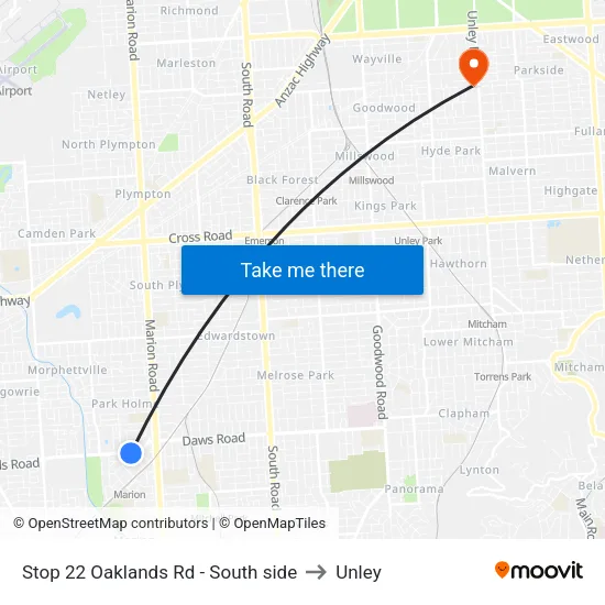 Stop 22 Oaklands Rd - South side to Unley map