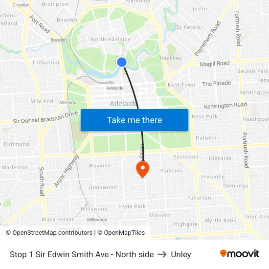 Stop 1 Sir Edwin Smith Ave - North side to Unley map