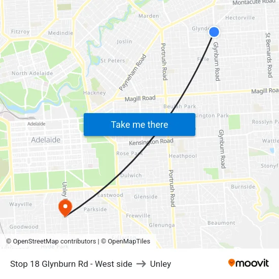 Stop 18 Glynburn Rd - West side to Unley map