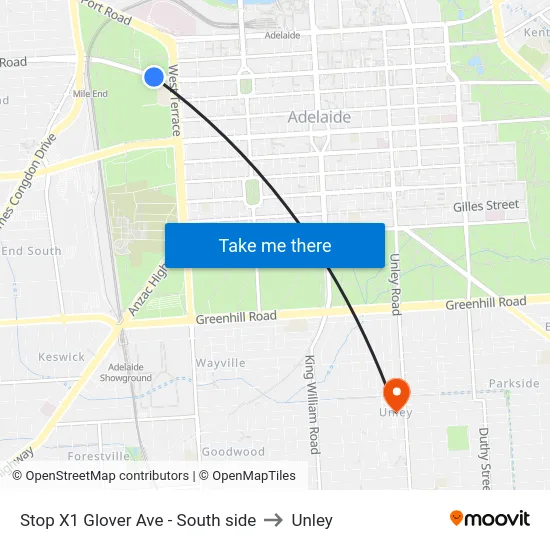 Stop X1 Glover Ave - South side to Unley map