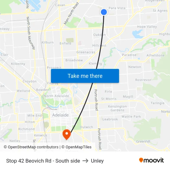 Stop 42 Beovich Rd - South side to Unley map